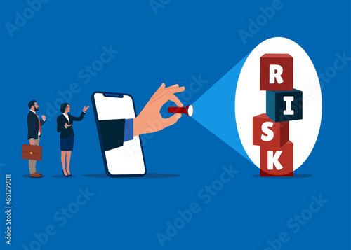 Hand with flashlight uncovering hidden to see on cubic stack with the word RISK. Identify risk. Vector illustration
