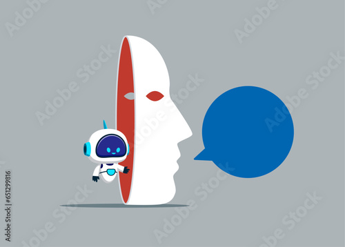 Dishonest robot with artificial intelligence hiding behind disguise mask pretend to lying. Lies, fraud or fake. Flat vector illustration.