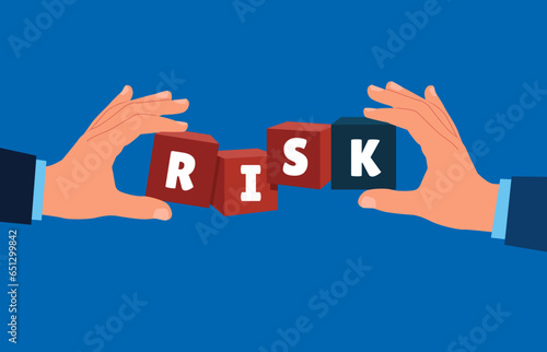 Two human confront with cubic stack with the word RISK. Flat vector illustration