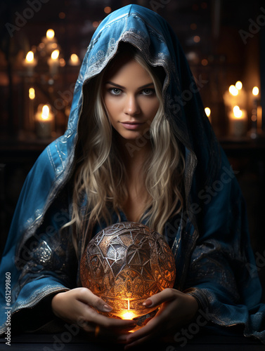 Young woman fortune teller with glass sphere