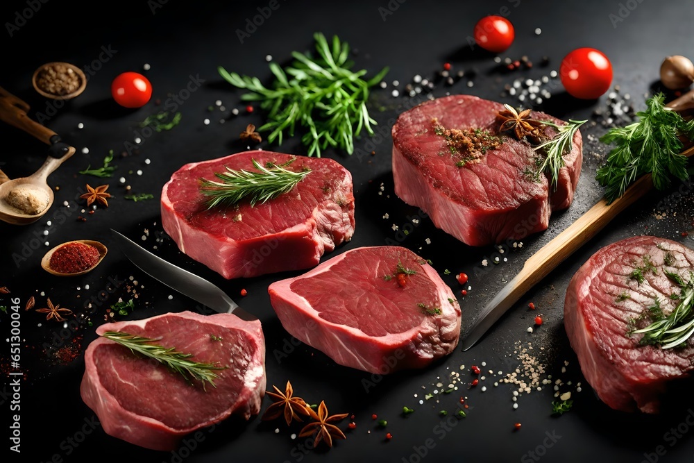 3d rendering Meat steak on black background. Cutting Beef medallions with spices and herbs.