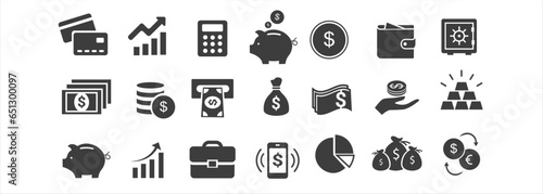 Finance icons. Business Icons, money signs. Wallet with cards icon. Growth chart. Moneybag or stash. Piggy bank flat style