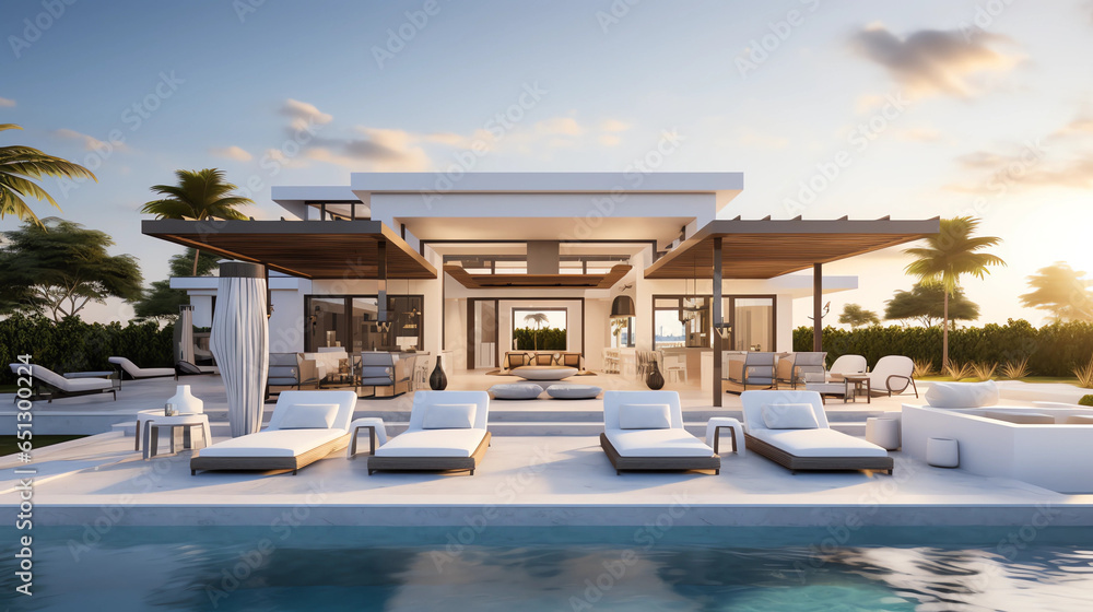 A luxurious, modern pool area with white architectural accents, featuring a pristine pool, lounge chairs, and a poolside bar, all inviting relaxation under the open sky