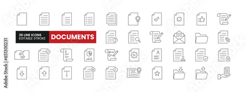 Set of 36 Documents line icons set. Documents outline icons with editable stroke collection. Includes Document Files, Upload, Download, Receipt, Document Approval, and More.