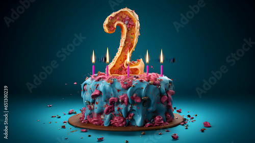 Photo celebrating 2nd Birthday cake with a burning birthday candle. Number 2nd generative ai