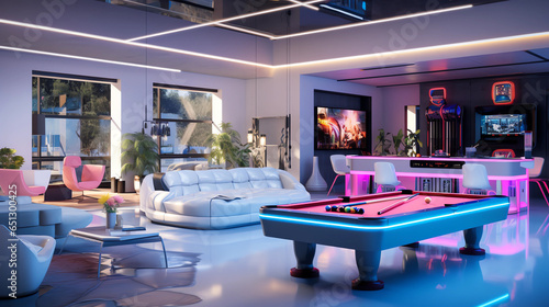 A sleek, modern game room in a clean white design, boasting a pool table, arcade machines, and a lounge area, all illuminated by playful neon lights and natural daylight