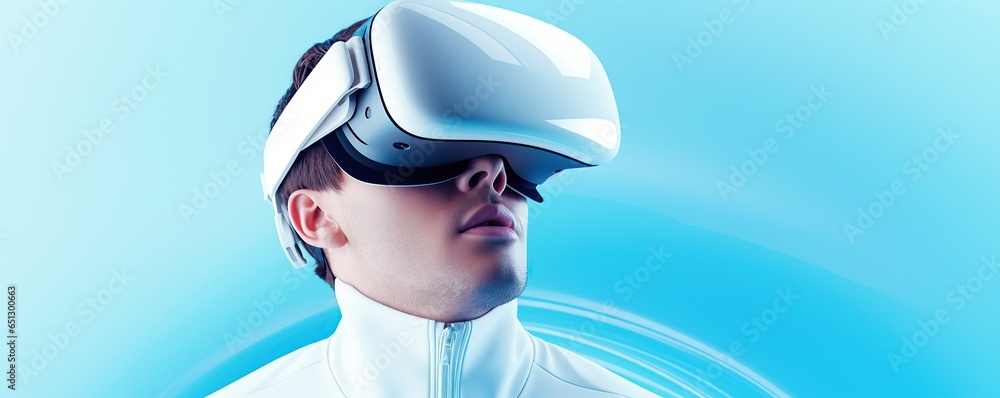 portrait of young man using VR headset, gamer playing on the virtual world portrait of young man using VR headset, gamer playing on the virtual world