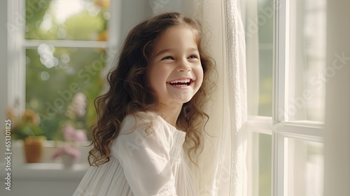 A little girl stands by a sunlit window, her face radiating happiness as she gazes outside. The white interior adds to the purity of the moment. Free Download A little girl stands by a sunlit window, her face radiating happiness as she gazes outside. The white interior adds to the purity of the moment. - GFXLoad