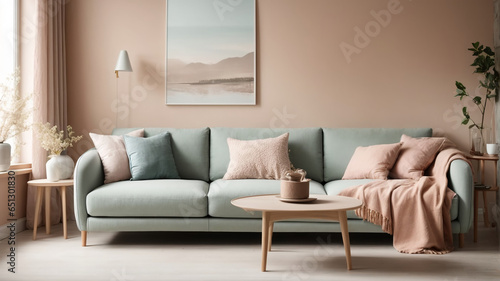 A Scandinavian-themed interior design featuring a comfortable sofa and soft theme - Generative AI © The AI Machine