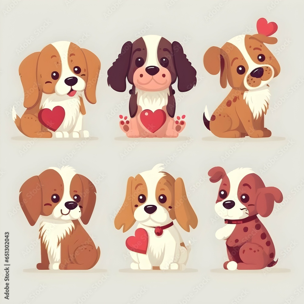 cute valentine dog characters flat illustration detailed vector colorful isolated white background set of 6 