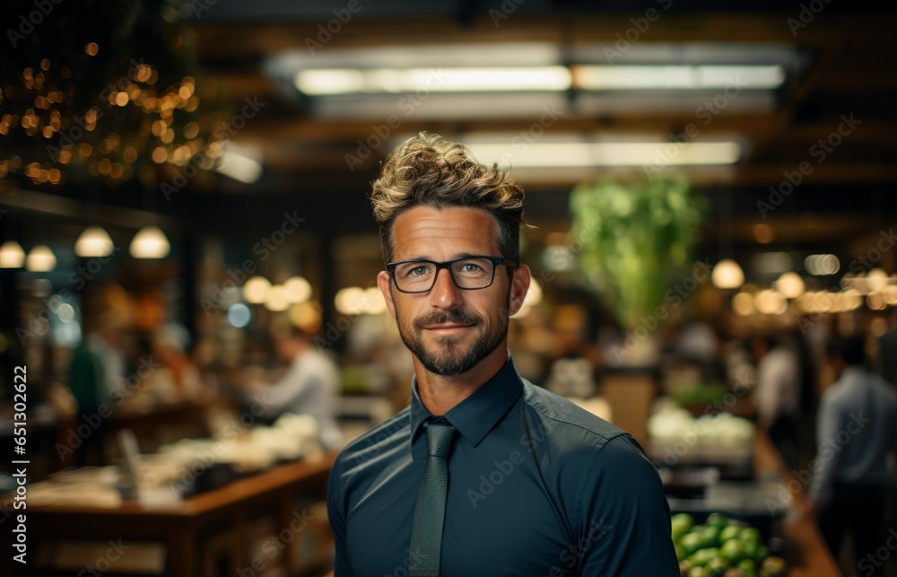 Portrait of a handsome salesman. Friendly employee in the store. Generative AI Portrait of a handsome salesman. Friendly employee in the store. Generative AI