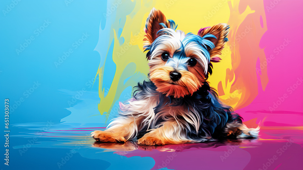 Adorable yorkshire terrier puppy in pop art style painting, minimal. Digital illustration generative AI.