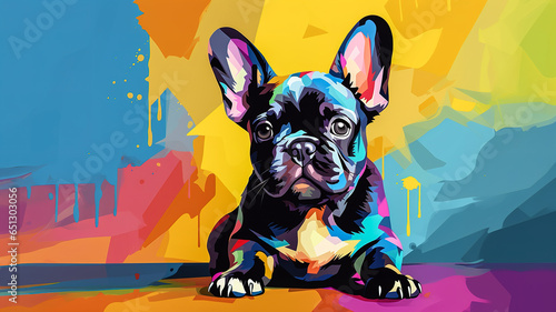 Adorable french bulldog puppy in pop art style painting, minimal. Digital illustration generative AI.