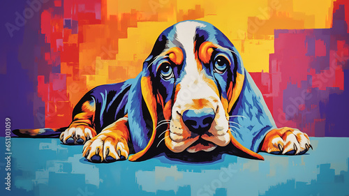 Adorable basset hound puppy in pop art style painting, minimal. Digital illustration generative AI.