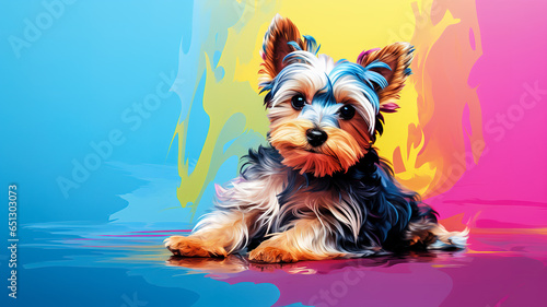 Adorable yorkshire terrier puppy in pop art style painting, minimal. Digital illustration generative AI. © Tepsarit