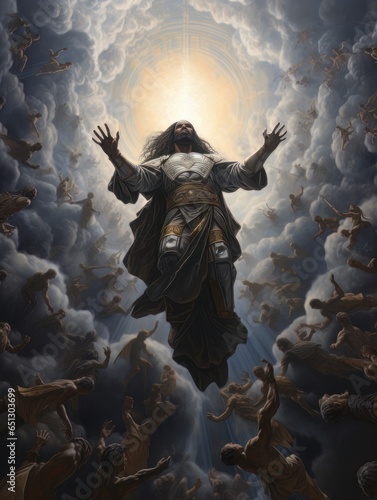 Biblical oil painting of the ascension of African Jesus Christ over the believers AI