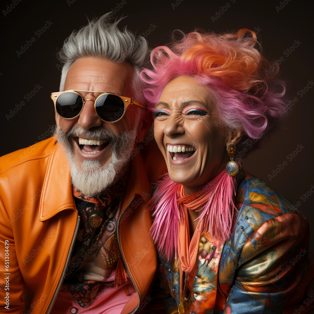 Happy high emotionally elderly couple, pink and yellow bright colors in their clothes