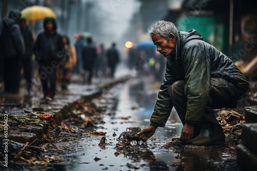 elderly man collecting garbage on the street, people walk on the sidewalk,