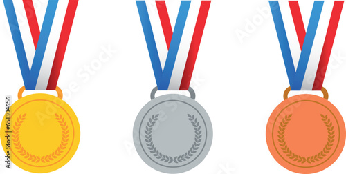 Fotografija Gold, silver and bronze medals with ribbon flat vector icons for sports apps and