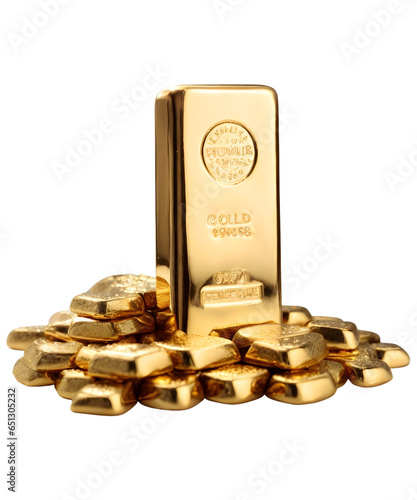 Gold bar on a white background, with a pile of gold bars