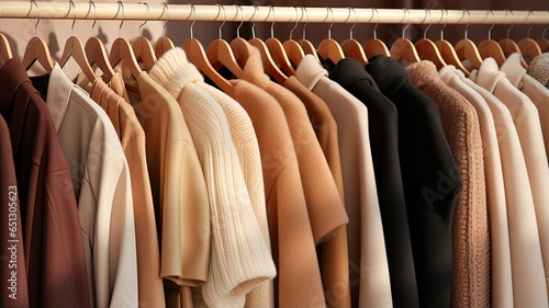 A close-up shot of a row of light brown coats and sweaters on hangers in a store, highlighting the timeless and classic appeal of women's fashion.