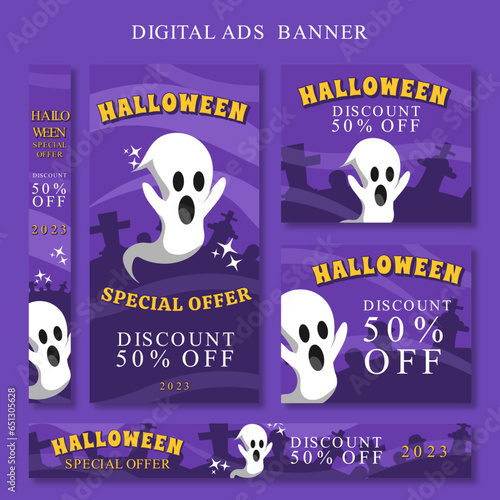digital ad banner template for happy halloween special offer with white ghost screaming