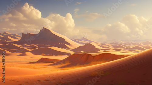An otherworldly desert landscape with towering sand dunes, casting dramatic shadows in the harsh sunlight, generative ai 