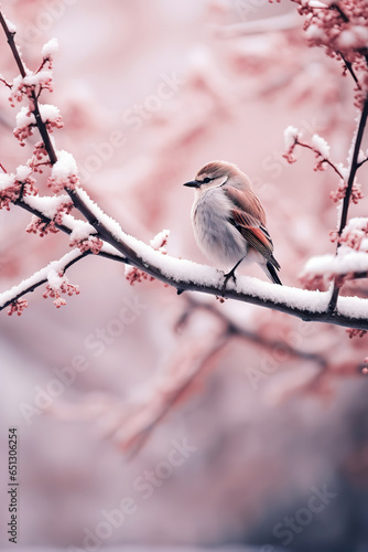 bird is sitting on a tree branch covered in snow, generative ai 