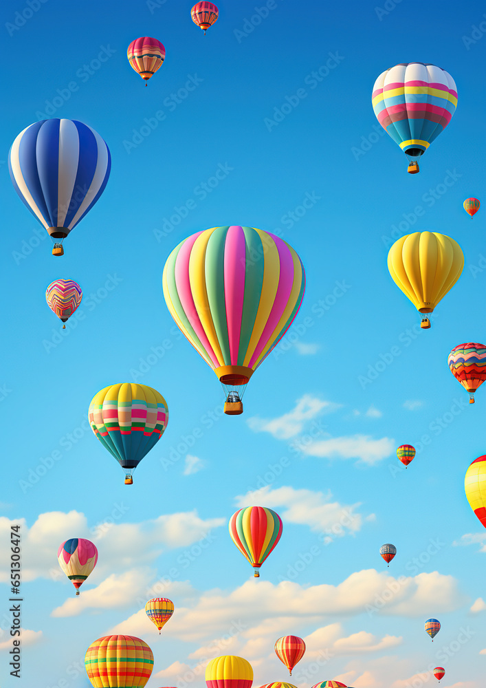 Fototapeta premium collection of colorful hot air balloons soaring against a clear blue sky, generative ai 