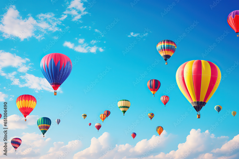 collection of colorful hot air balloons soaring against a clear blue sky, generative ai collection of colorful hot air balloons soaring against a clear blue sky, generative ai