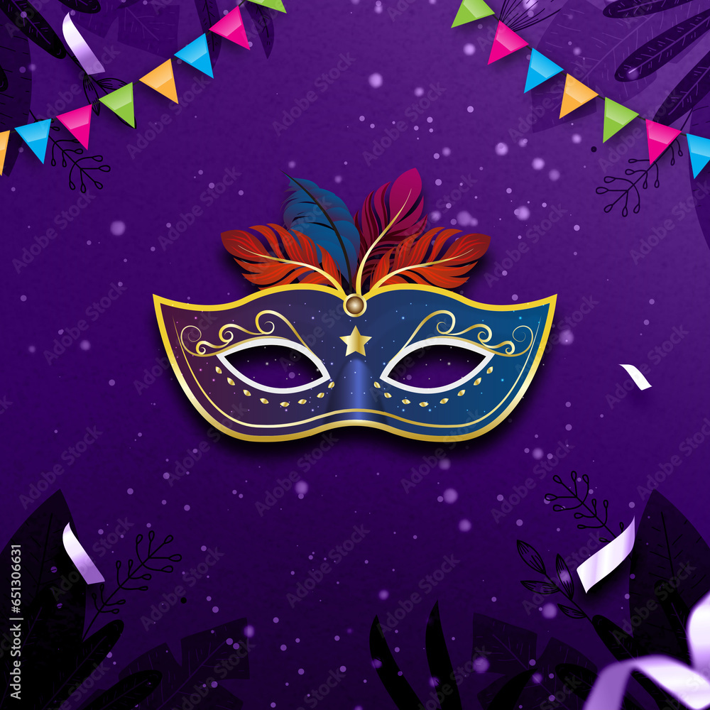 Carnival or masquerade colombina mask at banner. Fat tuesday poster with feather and flags, crepe paper streamer and confetti. Venice party or venetian festival flyer. Holiday