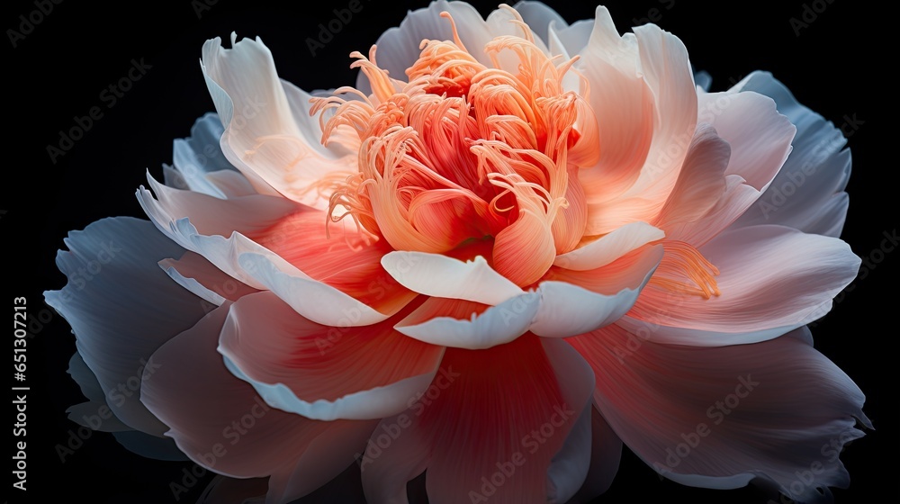  a pink and white flower on a black background with water droplets.  generative ai