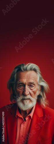 Beautiful portrait of a grandfather with lush hair on a bright background. Generative AI