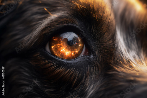 Close up of dog eye with fireworks celebration reflection