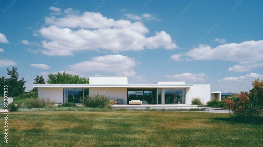 Minimalist house in hi-tech style on a sunny day. Generative AI Minimalist house in hi-tech style on a sunny day. Generative AI