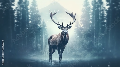 Double exposure of a deer portrait and a beautiful foggy landscape of a pine forest.
