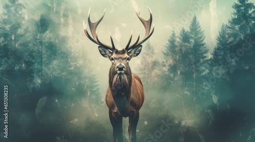 Double exposure of a deer portrait and a beautiful foggy landscape of a pine forest. © Konstantin