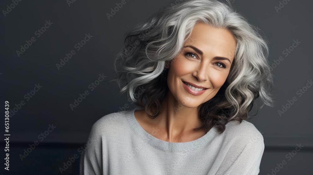 Beautiful Aging: Mature Woman with Smooth Healthy Skin and Gray Hair - Beauty and Cosmetics, Happy Smiling, Advertising Beautiful Aging: Mature Woman with Smooth Healthy Skin and Gray Hair - Beauty and Cosmetics, Happy Smiling, Advertising