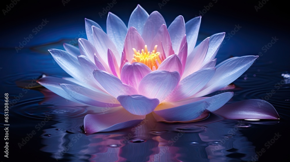a pink water lily floating on top of a body of water. generative ai a pink water lily floating on top of a body of water. generative ai