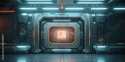 Fototapeta Naklejka Na Ścianę i Meble -  AI Generated. AI Generative. Futuristic space ship galaxy alien door gate entrance sci fi concept neon indoor architecture. Graphic Art