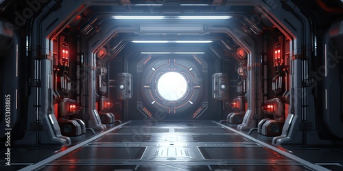 Fototapeta Naklejka Na Ścianę i Meble -  AI Generated. AI Generative. Futuristic space ship galaxy alien door gate entrance sci fi concept neon indoor architecture. Graphic Art