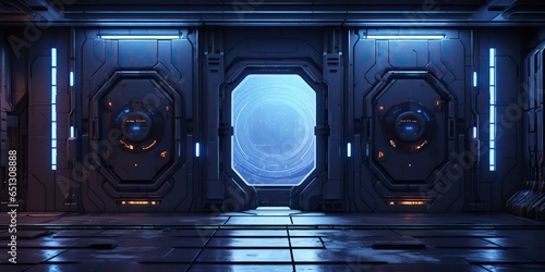 Fototapeta Naklejka Na Ścianę i Meble -  AI Generated. AI Generative. Futuristic space ship galaxy alien door gate entrance sci fi concept neon indoor architecture. Graphic Art