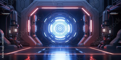 Fototapeta Naklejka Na Ścianę i Meble -  AI Generated. AI Generative. Futuristic space ship galaxy alien door gate entrance sci fi concept neon indoor architecture. Graphic Art