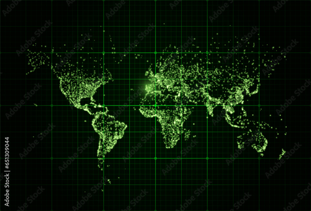 Earth night map. Vector illustration of cities lights from space. Dark map