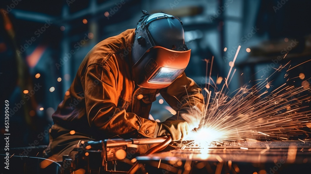 An employee welds in the workshop. Generative AI An employee welds in the workshop. Generative AI