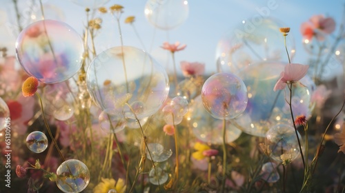  a field full of bubbles floating in the air next to flowers. generative ai