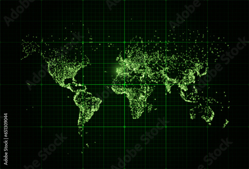 Earth night map. Vector illustration of cities lights from space. Dark map