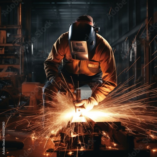 An employee welds in the workshop. Generative AI