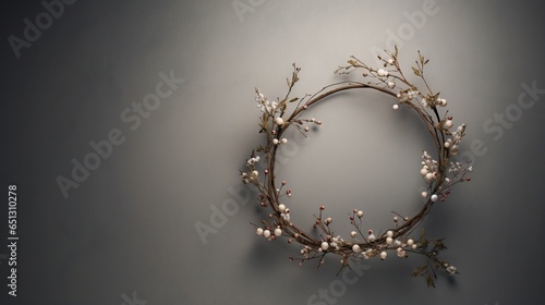  a wreath made of branches and flowers on a gray background. generative ai