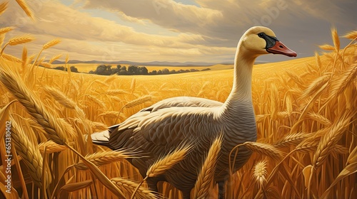  a painting of two geese in a wheat field with a cloudy sky. generative ai